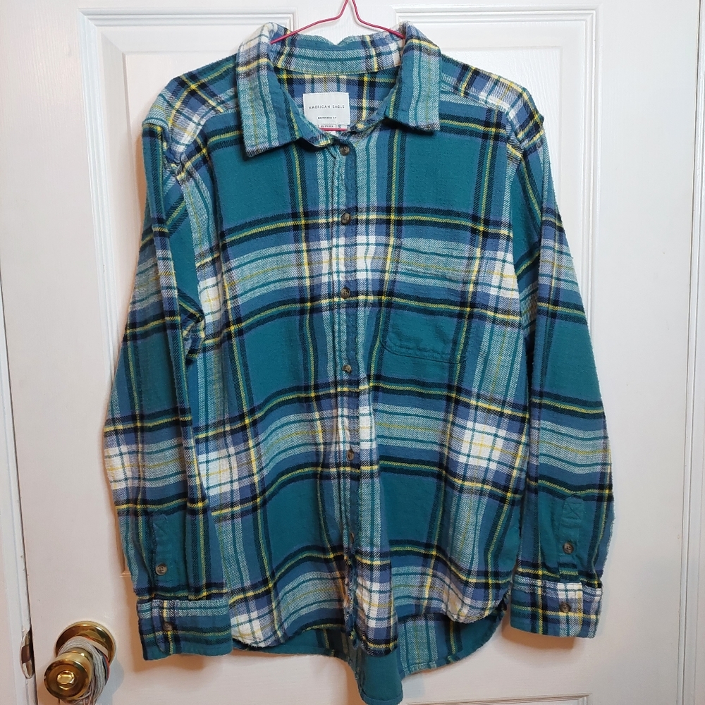 American Eagle Boyfriend Fit Blue White Plaid Flannel Button Up Shirt Size XS